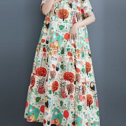 Buttoned Printed Split-Joint Loose Short Sleeves Stand Collar Midi Dresses