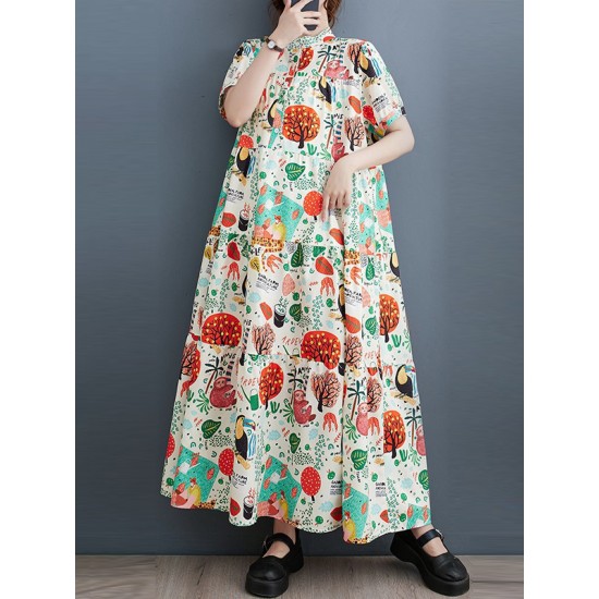Buttoned Printed Split-Joint Loose Short Sleeves Stand Collar Midi Dresses Buttoned Printed Split-Joint Loose Short Sleeves Stand Collar Midi Dresses
