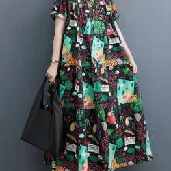 Buttoned Printed Split-Joint Loose Short Sleeves Stand Collar Midi Dresses