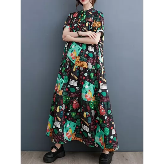 Buttoned Printed Split-Joint Loose Short Sleeves Stand Collar Midi Dresses Buttoned Printed Split-Joint Loose Short Sleeves Stand Collar Midi Dresses