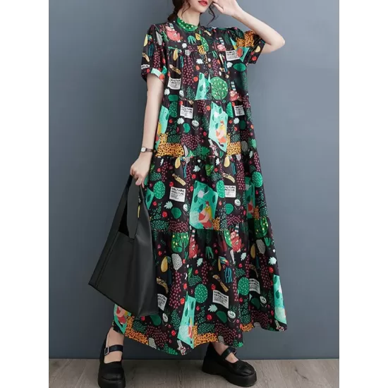 Buttoned Printed Split-Joint Loose Short Sleeves Stand Collar Midi Dresses Buttoned Printed Split-Joint Loose Short Sleeves Stand Collar Midi Dresses