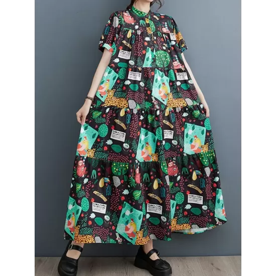 Buttoned Printed Split-Joint Loose Short Sleeves Stand Collar Midi Dresses Buttoned Printed Split-Joint Loose Short Sleeves Stand Collar Midi Dresses