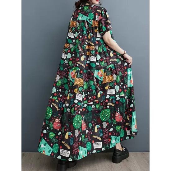 Buttoned Printed Split-Joint Loose Short Sleeves Stand Collar Midi Dresses Buttoned Printed Split-Joint Loose Short Sleeves Stand Collar Midi Dresses