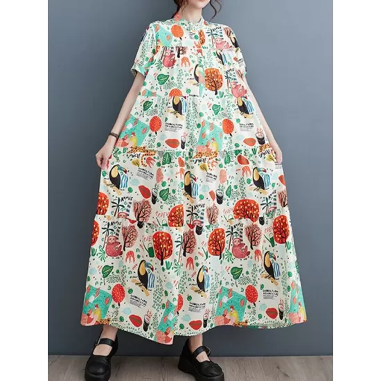 Buttoned Printed Split-Joint Loose Short Sleeves Stand Collar Midi Dresses Buttoned Printed Split-Joint Loose Short Sleeves Stand Collar Midi Dresses