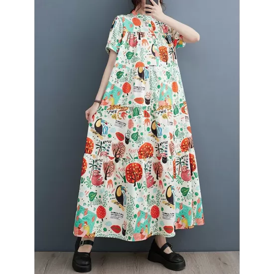Buttoned Printed Split-Joint Loose Short Sleeves Stand Collar Midi Dresses Buttoned Printed Split-Joint Loose Short Sleeves Stand Collar Midi Dresses