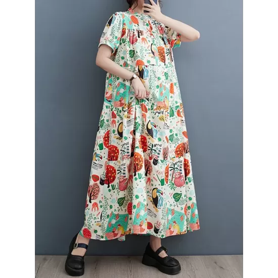 Buttoned Printed Split-Joint Loose Short Sleeves Stand Collar Midi Dresses Buttoned Printed Split-Joint Loose Short Sleeves Stand Collar Midi Dresses