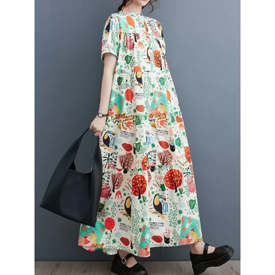 Buttoned Printed Split-Joint Loose Short Sleeves Stand Collar Midi Dresses Buttoned Printed Split-Joint Loose Short Sleeves Stand Collar Midi Dresses