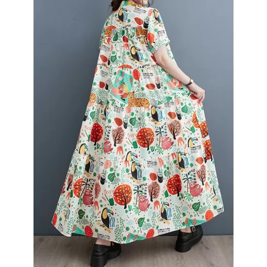 Buttoned Printed Split-Joint Loose Short Sleeves Stand Collar Midi Dresses Buttoned Printed Split-Joint Loose Short Sleeves Stand Collar Midi Dresses