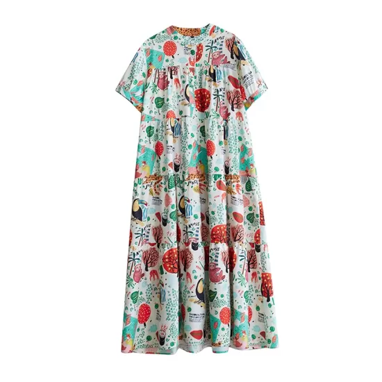 Buttoned Printed Split-Joint Loose Short Sleeves Stand Collar Midi Dresses Buttoned Printed Split-Joint Loose Short Sleeves Stand Collar Midi Dresses
