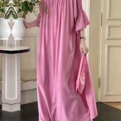 Solid Color Half Sleeves Loose Round-Neck Midi Dresses