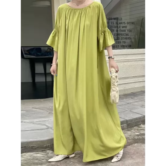 Solid Color Half Sleeves Loose Round-Neck Midi Dresses Solid Color Half Sleeves Loose Round-Neck Midi Dresses