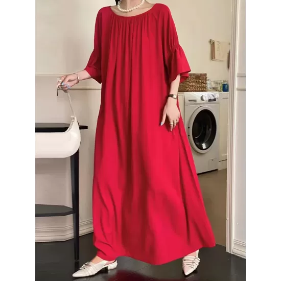 Solid Color Half Sleeves Loose Round-Neck Midi Dresses Solid Color Half Sleeves Loose Round-Neck Midi Dresses