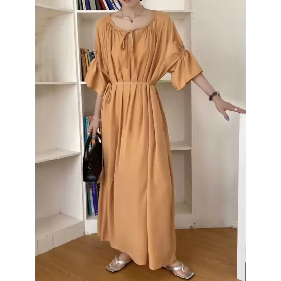 Solid Color Half Sleeves Loose Round-Neck Midi Dresses Solid Color Half Sleeves Loose Round-Neck Midi Dresses