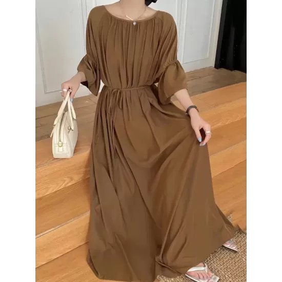 Solid Color Half Sleeves Loose Round-Neck Midi Dresses Solid Color Half Sleeves Loose Round-Neck Midi Dresses