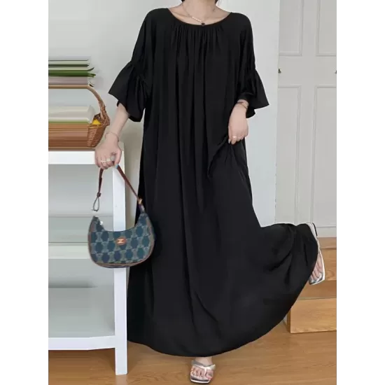 Solid Color Half Sleeves Loose Round-Neck Midi Dresses Solid Color Half Sleeves Loose Round-Neck Midi Dresses