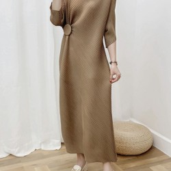 Pleated Solid Color Half Sleeves Irregular Clipping Round-Neck Midi Dresses