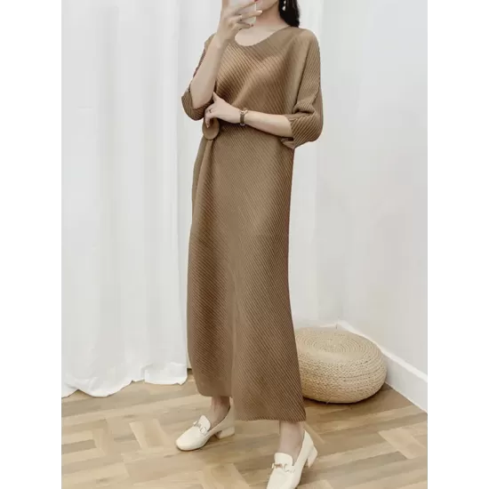 Pleated Solid Color Half Sleeves Irregular Clipping Round-Neck Midi Dresses Pleated Solid Color Half Sleeves Irregular Clipping Round-Neck Midi Dresses