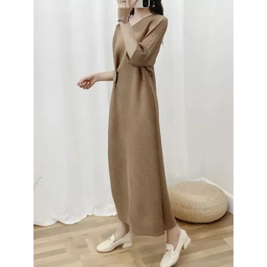 Pleated Solid Color Half Sleeves Irregular Clipping Round-Neck Midi Dresses Pleated Solid Color Half Sleeves Irregular Clipping Round-Neck Midi Dresses