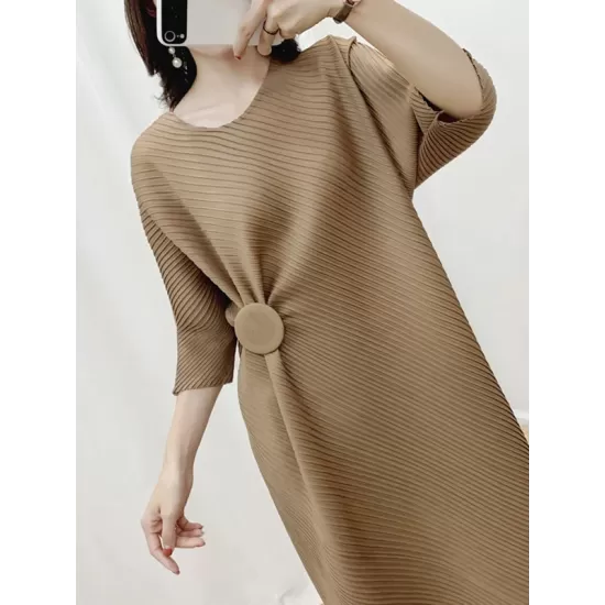 Pleated Solid Color Half Sleeves Irregular Clipping Round-Neck Midi Dresses Pleated Solid Color Half Sleeves Irregular Clipping Round-Neck Midi Dresses