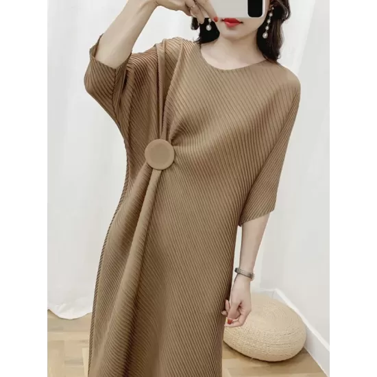 Pleated Solid Color Half Sleeves Irregular Clipping Round-Neck Midi Dresses Pleated Solid Color Half Sleeves Irregular Clipping Round-Neck Midi Dresses