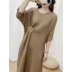 Pleated Solid Color Half Sleeves Irregular Clipping Round-Neck Midi Dresses Pleated Solid Color Half Sleeves Irregular Clipping Round-Neck Midi Dresses