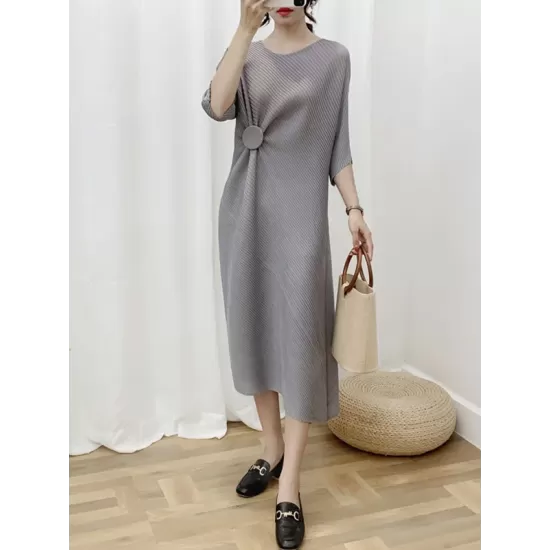 Pleated Solid Color Half Sleeves Irregular Clipping Round-Neck Midi Dresses Pleated Solid Color Half Sleeves Irregular Clipping Round-Neck Midi Dresses