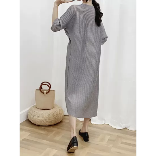 Pleated Solid Color Half Sleeves Irregular Clipping Round-Neck Midi Dresses Pleated Solid Color Half Sleeves Irregular Clipping Round-Neck Midi Dresses