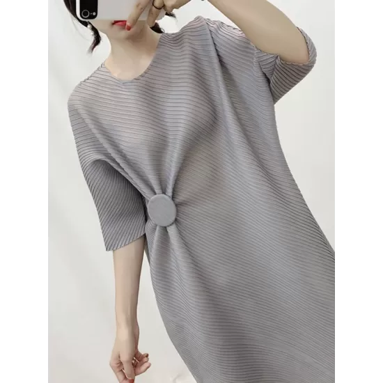 Pleated Solid Color Half Sleeves Irregular Clipping Round-Neck Midi Dresses Pleated Solid Color Half Sleeves Irregular Clipping Round-Neck Midi Dresses