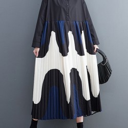 Contrast Color Pleated Printing Split-Joint A-Line Long Sleeves Polo Midi Dresses