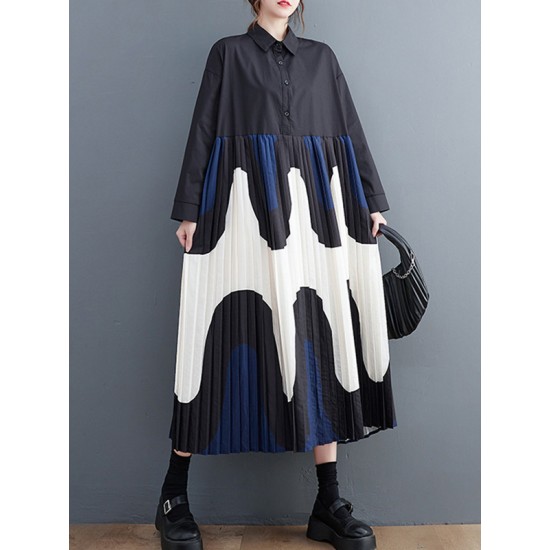Contrast Color Pleated Printing Split-Joint A-Line Long Sleeves Polo Midi Dresses Contrast Color Pleated Printing Split-Joint A-Line Long Sleeves Polo Midi Dresses