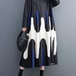 Contrast Color Pleated Printing Split-Joint A-Line Long Sleeves Polo Midi Dresses