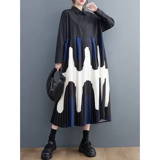Contrast Color Pleated Printing Split-Joint A-Line Long Sleeves Polo Midi Dresses Contrast Color Pleated Printing Split-Joint A-Line Long Sleeves Polo Midi Dresses