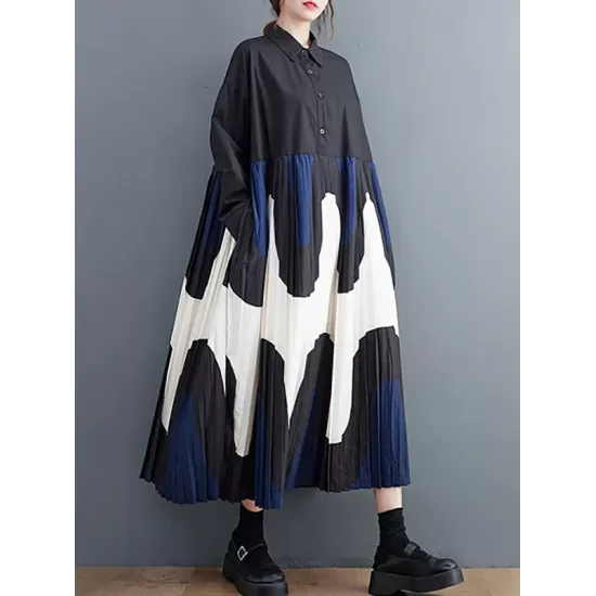 Contrast Color Pleated Printing Split-Joint A-Line Long Sleeves Polo Midi Dresses Contrast Color Pleated Printing Split-Joint A-Line Long Sleeves Polo Midi Dresses