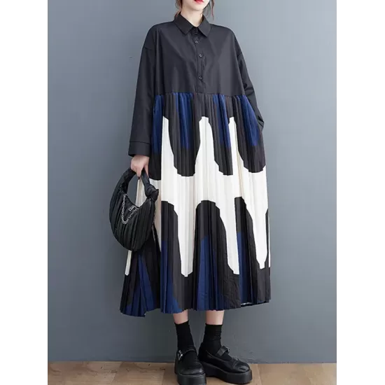 Contrast Color Pleated Printing Split-Joint A-Line Long Sleeves Polo Midi Dresses Contrast Color Pleated Printing Split-Joint A-Line Long Sleeves Polo Midi Dresses