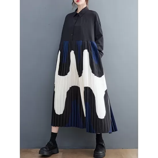 Contrast Color Pleated Printing Split-Joint A-Line Long Sleeves Polo Midi Dresses Contrast Color Pleated Printing Split-Joint A-Line Long Sleeves Polo Midi Dresses