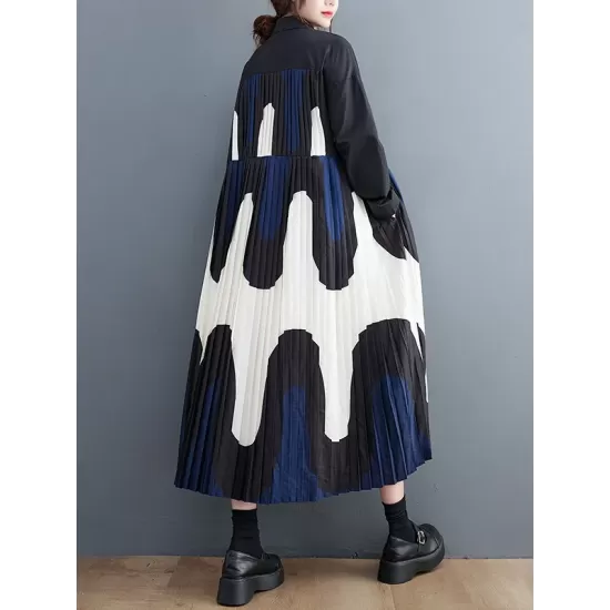 Contrast Color Pleated Printing Split-Joint A-Line Long Sleeves Polo Midi Dresses Contrast Color Pleated Printing Split-Joint A-Line Long Sleeves Polo Midi Dresses