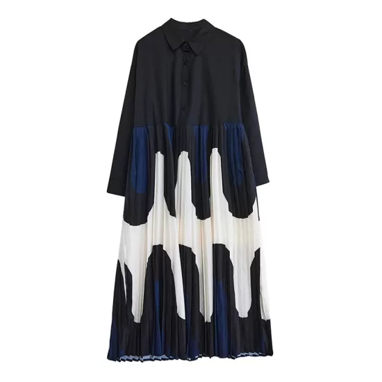 Contrast Color Pleated Printing Split-Joint A-Line Long Sleeves Polo Midi Dresses Contrast Color Pleated Printing Split-Joint A-Line Long Sleeves Polo Midi Dresses