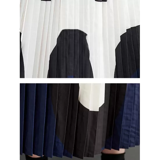 Contrast Color Pleated Printing Split-Joint A-Line Long Sleeves Polo Midi Dresses Contrast Color Pleated Printing Split-Joint A-Line Long Sleeves Polo Midi Dresses