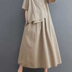 Pleated Solid Color Split-Joint Loose Short Sleeves V-Neck Midi Dresses