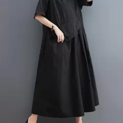 Pleated Solid Color Split-Joint Loose Short Sleeves V-Neck Midi Dresses