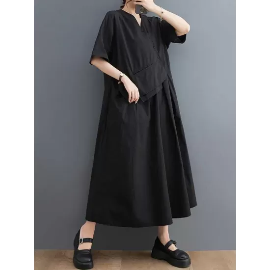 Pleated Solid Color Split-Joint Loose Short Sleeves V-Neck Midi Dresses Pleated Solid Color Split-Joint Loose Short Sleeves V-Neck Midi Dresses