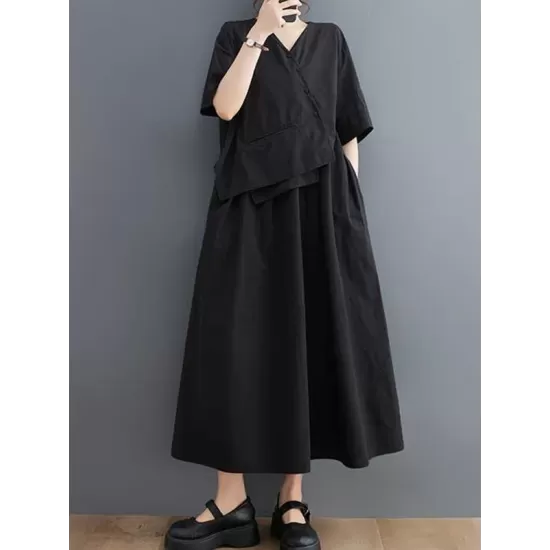 Pleated Solid Color Split-Joint Loose Short Sleeves V-Neck Midi Dresses Pleated Solid Color Split-Joint Loose Short Sleeves V-Neck Midi Dresses