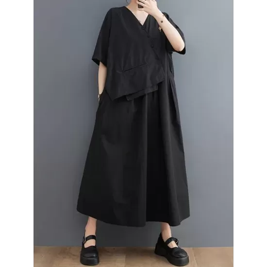 Pleated Solid Color Split-Joint Loose Short Sleeves V-Neck Midi Dresses Pleated Solid Color Split-Joint Loose Short Sleeves V-Neck Midi Dresses