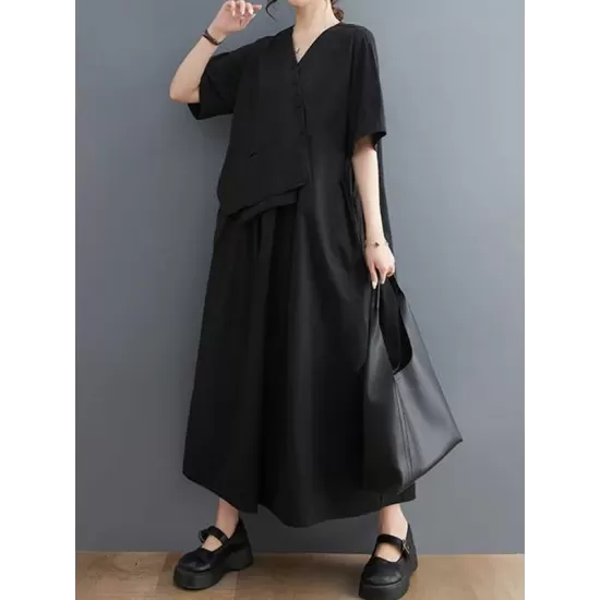 Pleated Solid Color Split-Joint Loose Short Sleeves V-Neck Midi Dresses Pleated Solid Color Split-Joint Loose Short Sleeves V-Neck Midi Dresses