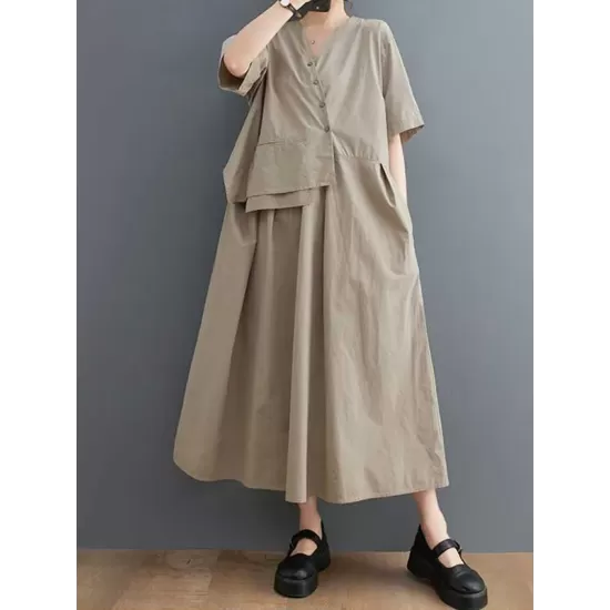 Pleated Solid Color Split-Joint Loose Short Sleeves V-Neck Midi Dresses Pleated Solid Color Split-Joint Loose Short Sleeves V-Neck Midi Dresses