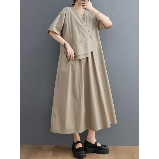 Pleated Solid Color Split-Joint Loose Short Sleeves V-Neck Midi Dresses Pleated Solid Color Split-Joint Loose Short Sleeves V-Neck Midi Dresses