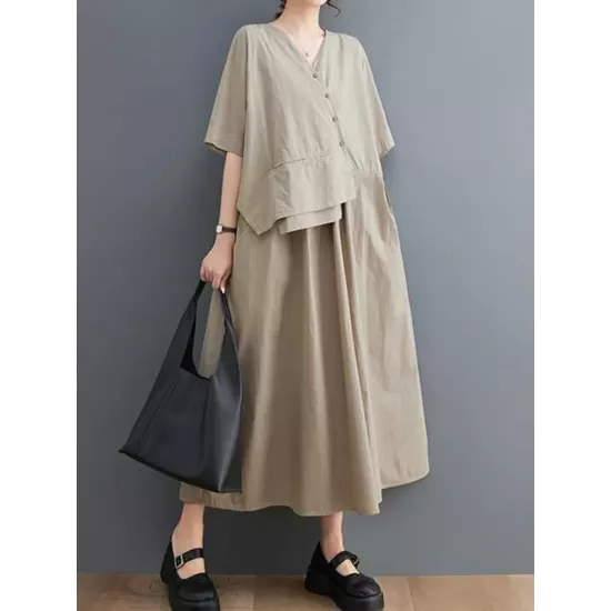 Pleated Solid Color Split-Joint Loose Short Sleeves V-Neck Midi Dresses Pleated Solid Color Split-Joint Loose Short Sleeves V-Neck Midi Dresses