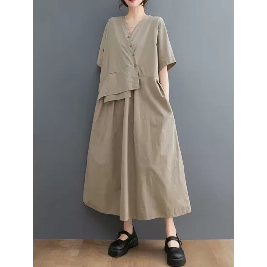 Pleated Solid Color Split-Joint Loose Short Sleeves V-Neck Midi Dresses Pleated Solid Color Split-Joint Loose Short Sleeves V-Neck Midi Dresses