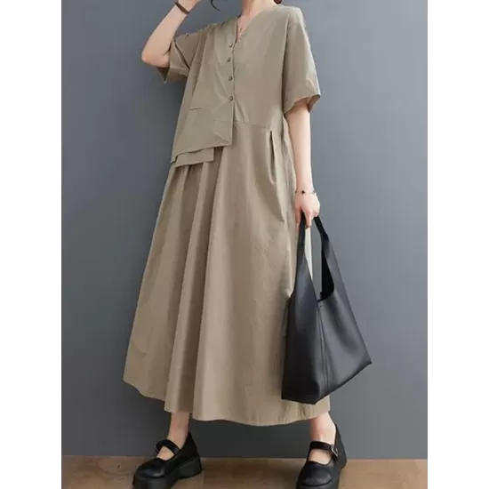 Pleated Solid Color Split-Joint Loose Short Sleeves V-Neck Midi Dresses Pleated Solid Color Split-Joint Loose Short Sleeves V-Neck Midi Dresses