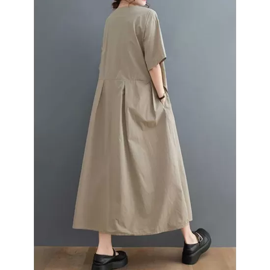 Pleated Solid Color Split-Joint Loose Short Sleeves V-Neck Midi Dresses Pleated Solid Color Split-Joint Loose Short Sleeves V-Neck Midi Dresses